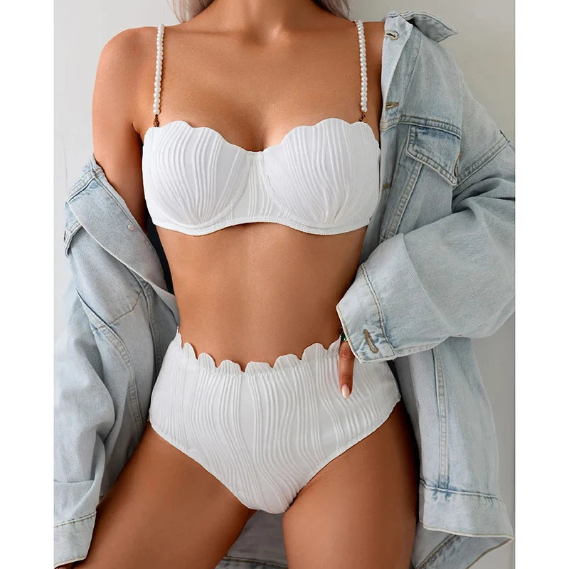 Fashion Ruched Bikini Push Up Swimsuit Women Split Pearl Chain High Waist Bikini 2025 New Solid Bathing Suit Two Piece Beachwear