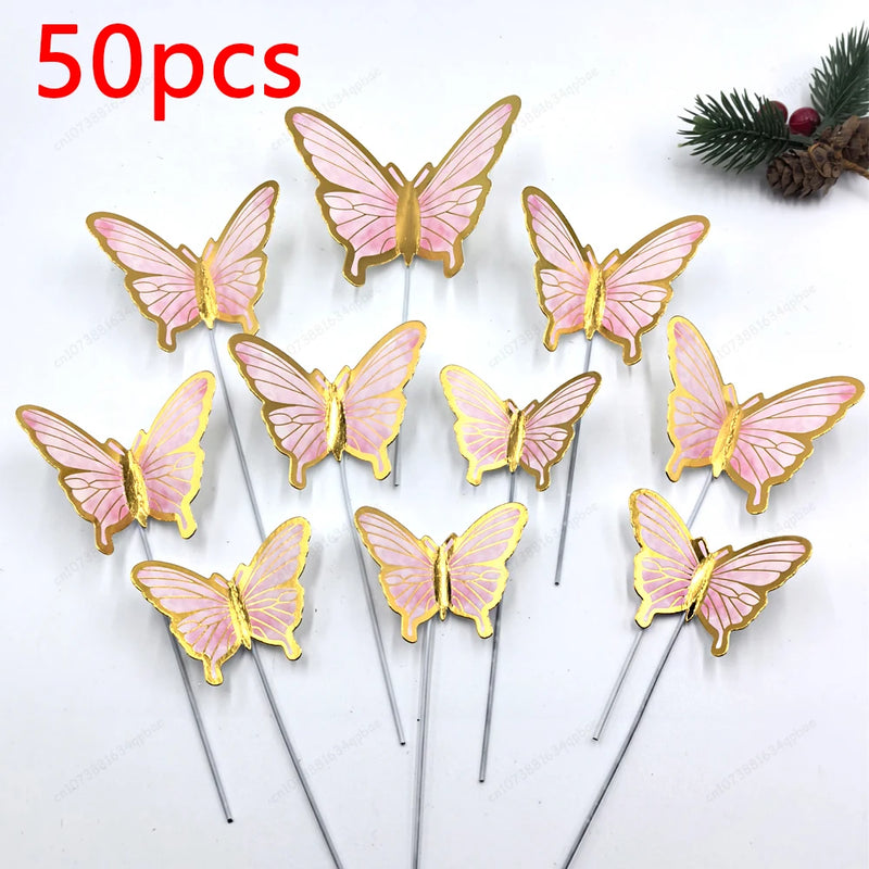 50pcs Butterfly Cake Decoration Gold Pink Butterfly Cake Toppers Birthday Wedding Anniversary Shower Baking Toppers