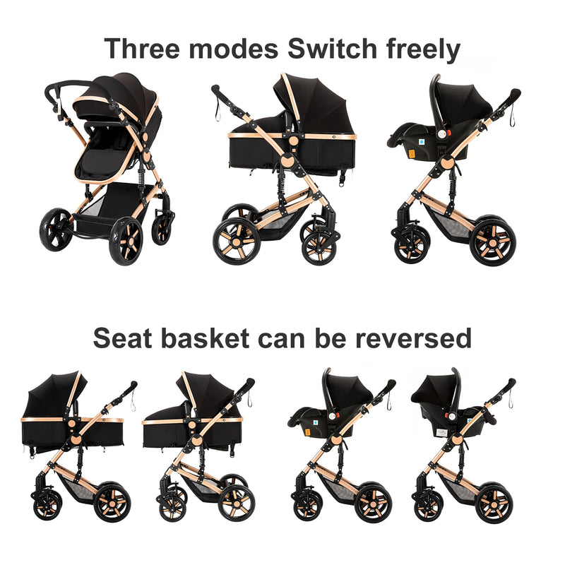Compact Stroller 3 IN 1, Carseat Stroller Combos, Baby Stroller Multifunctional High Landscape Baby Pram for Toddlers Infant Car