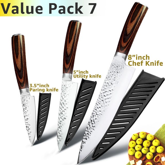 Kitchen Knife Japanese Chef Knives Set 7CR17 High Carbon Stainless Steel Full Tang Hammer Pattern Meat Cleaver Utility Santoku K