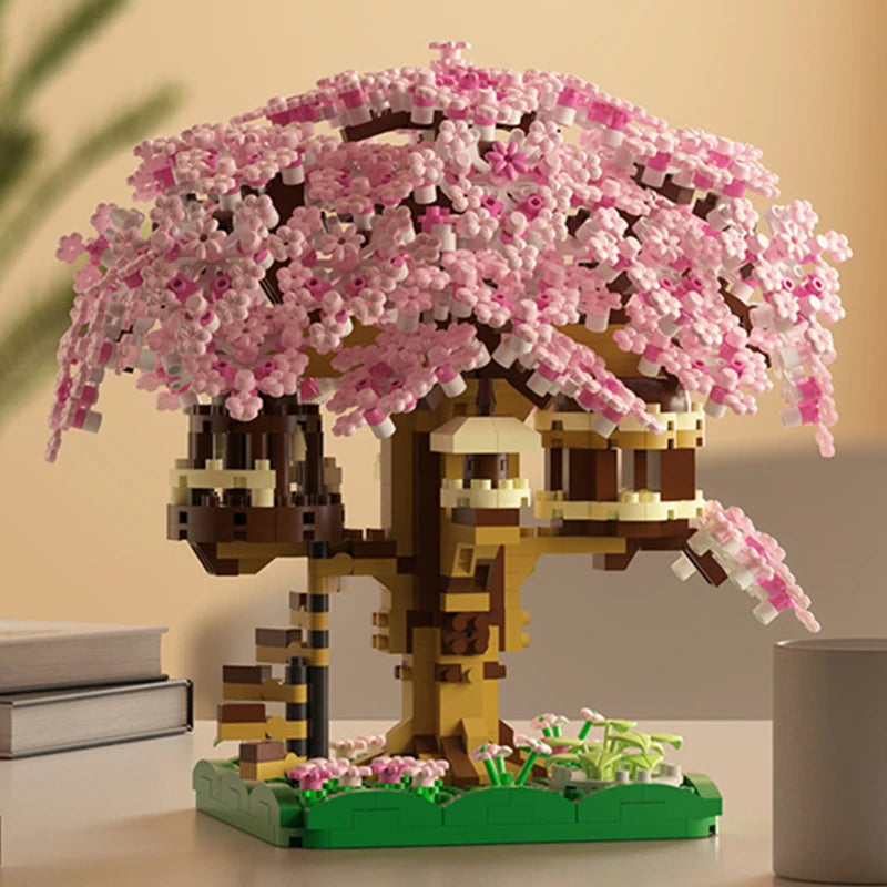 DIY Purple Romantic Cherry Blossom Flower Pink Tree House Train Assembly Building Blocks Classic Model Bricks Sets Kid