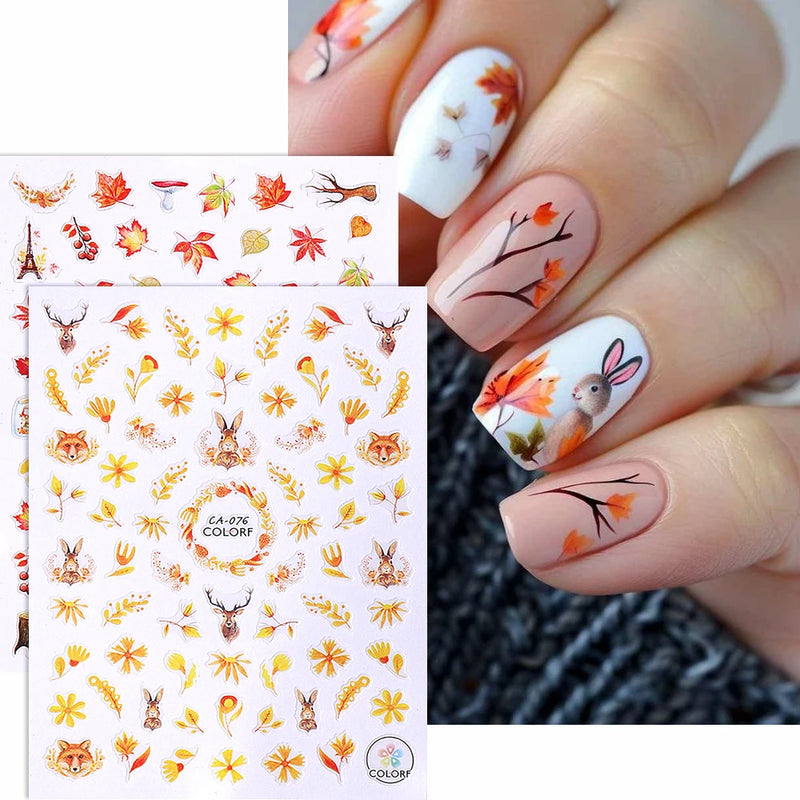 3/4/7pcs 3D Autumn Winter Nail Art Stickers Pumpkin Maple Leaves Squirrel Rabbit Flowers Decal For Thanksgiving Day Manicure DIY