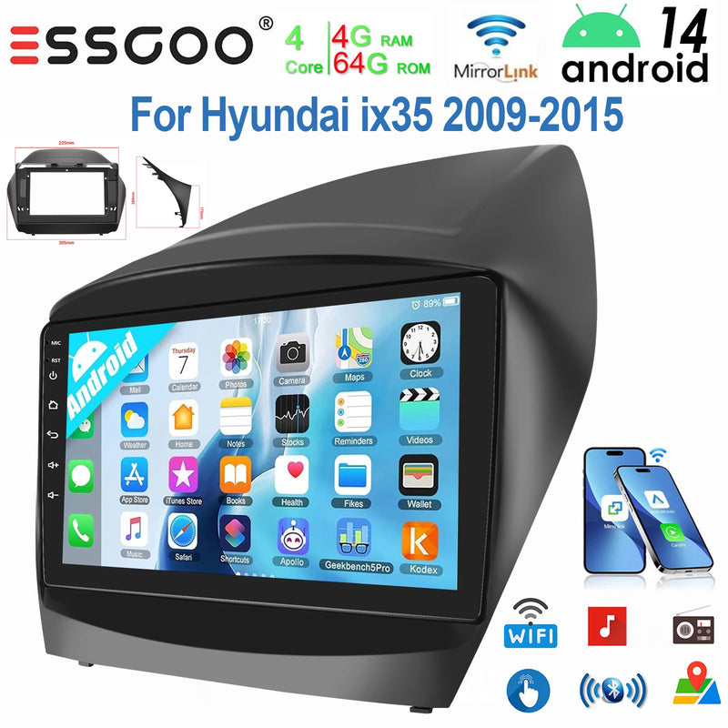 ESSGOO 9" Android 14 Display Car Stereo Radio GPS Navigation For Hyundai ix35 2009-2015 Carplay Android Auto SWC USB Wifi BT FM
