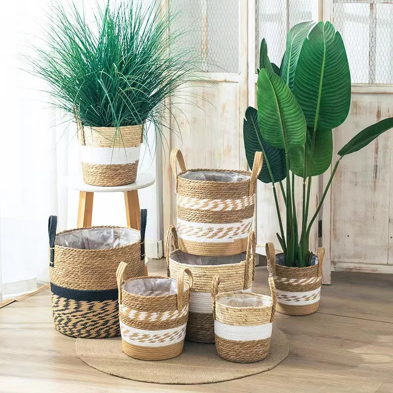 Fancy Wicker Planter Basket Natural Flower Pot Home Decor Garden Bamboo Seagrass Storage Baskets Toy Holders