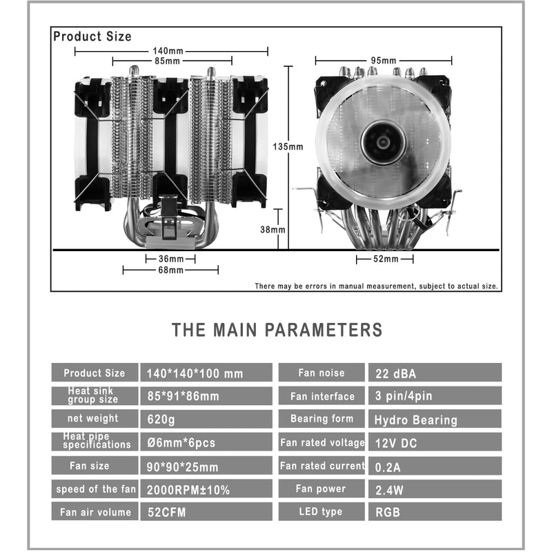 Cpu Tower Cooler 6 Heatpipes 2 Fans Air Cooler lga2011Radiator 4Pin Cooling Cpu Fan For Intel Lga1700/1366/1200  AMD AM4