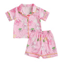 Kids Easter Satin Pajamas Set with Bunny Print Short Sleeve Lapel Button Down Tops and Shorts Sleepwear for Boys and Girls