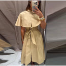Women Trench Style Midi Dress Stand Collar Cape Overlay Short Sleeve Belted Waist A‑Line Dresses Autumn Elegant Office Outfits