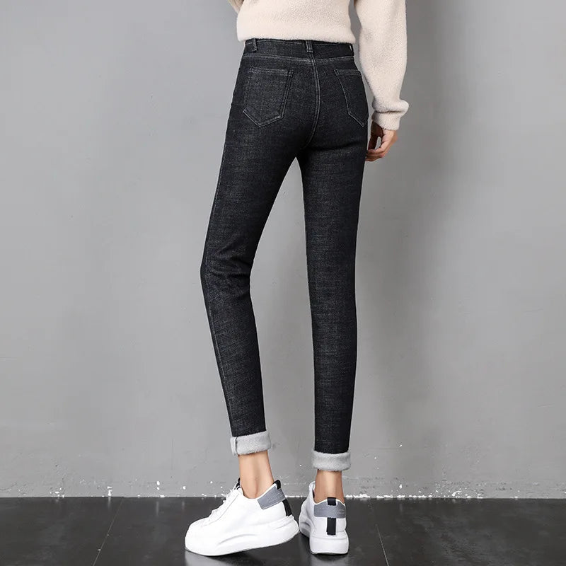 Fashion Stretch High Waist Pencil Pants Female Casual Velvet Jeans Womens High Quality Jeans Thick Women Pants 2023