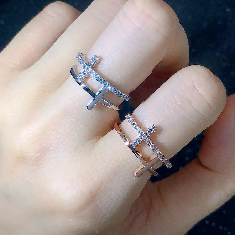 Double Cross Rings for Women Minimalist Cubic Zirconia Rose Gold Color Finger Accessories Female Jewelry Large Size R758