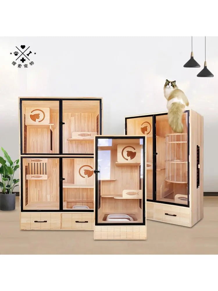 Solid Wood Cat Villa Cat Cage Super Large Luxury Cat Litter Cat Cabinet Display Cabinet Double Three-layer Cat Climbing Frame