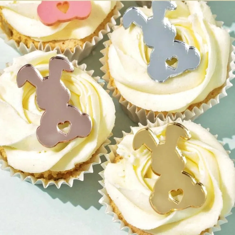 10Pcs Happy Easter Bunny Egg Cake Toppers Acrylic Gold Silver Rabbit Shaped Cupcake Toppers for Easter Party Dessert Decorations