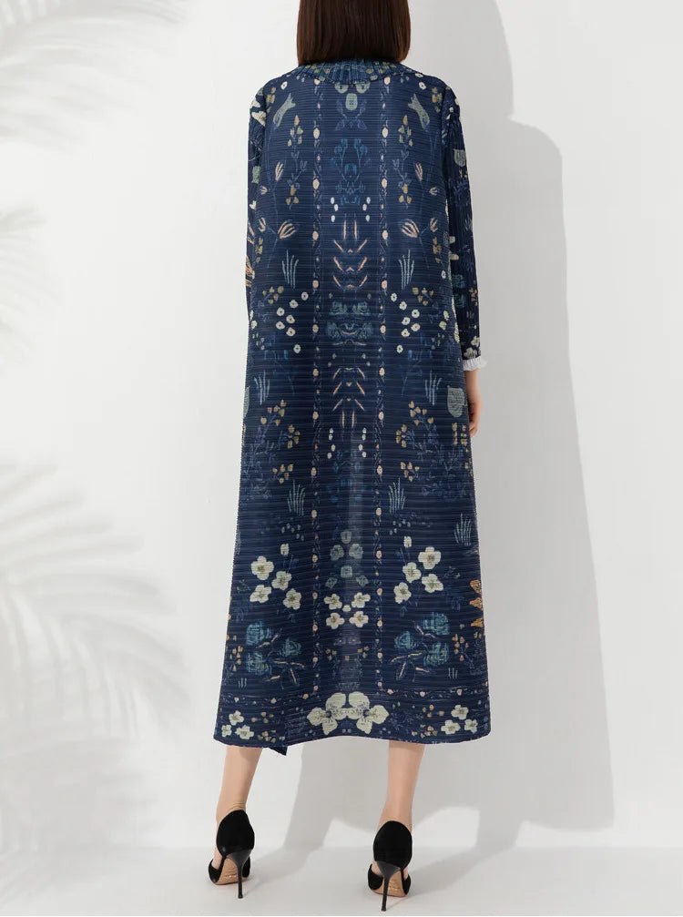 Miyake Fold 2023 Autumn New Fashion Trench Coat Loose Print Cardigan Long Lapel Stretch Coat