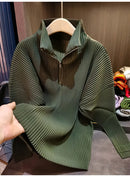 Miyake Pleated Sweatshirt Pit Stripe Zipper Standing Collar Jacket Women 2025 New Casual Pullover Hundred Pleat Skinny Tops