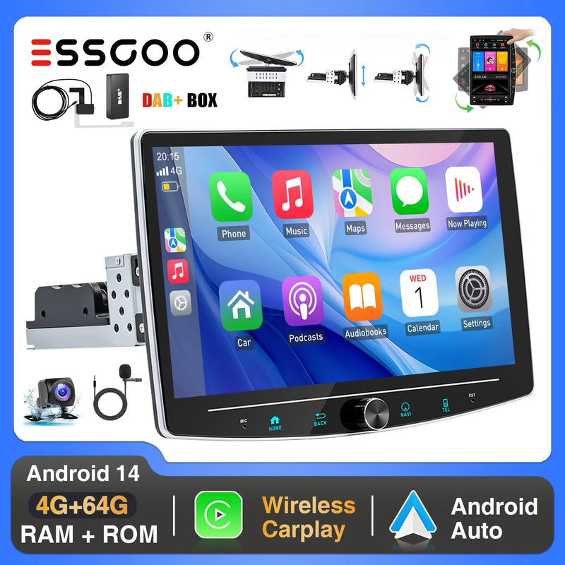ESSGOO Android 14 4+64G Carplay Car Stereo Radio 1 DIN 10.1" Rotatable Screen GPS NAVI RDS w/ Microphone Knob Colorfull Button