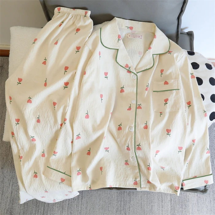 Flower Print Women Autumn Two Piece Pajama Set Long Sleeve V Neck Top & Elastic Waist Pants 2 Pieces Female Sleepwear Nightwear