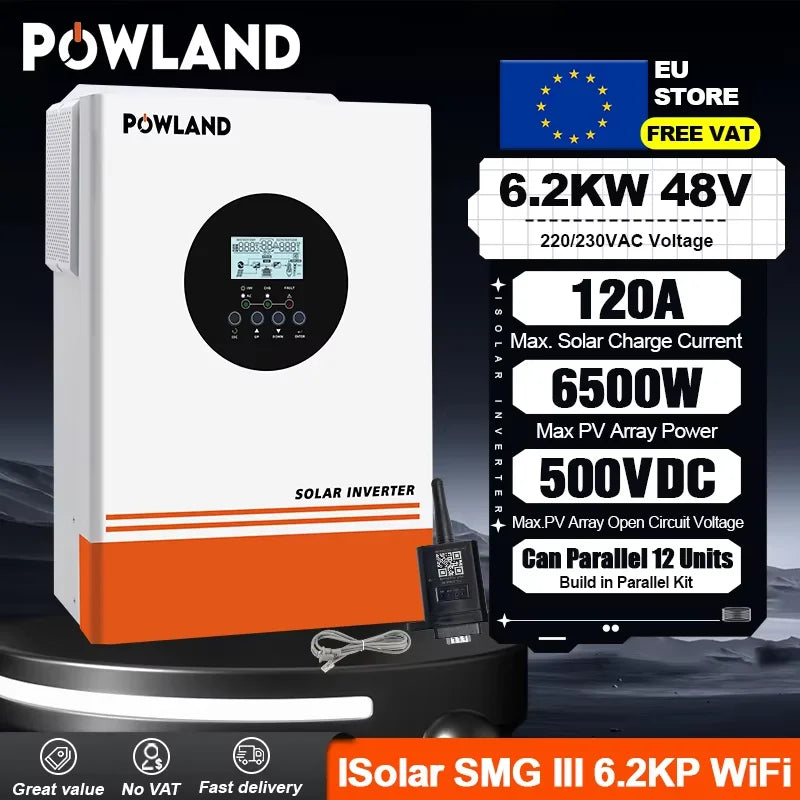 Powland 11KW 6.2KW 48V 4KW 24V Hybrid Solar Inverter Dual MPPT 160A Pure Sine Wave 230V Single phase On-grid Off-grid  VAT Free