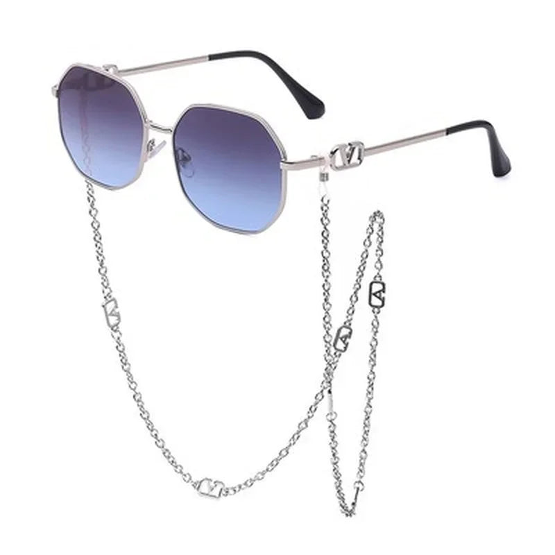 Men Women Punk Sun Glasses Brand Designer Retro Alloy Polygon Sunglasses Women Luxury Shades with A Chain Lanyard Sunglasses