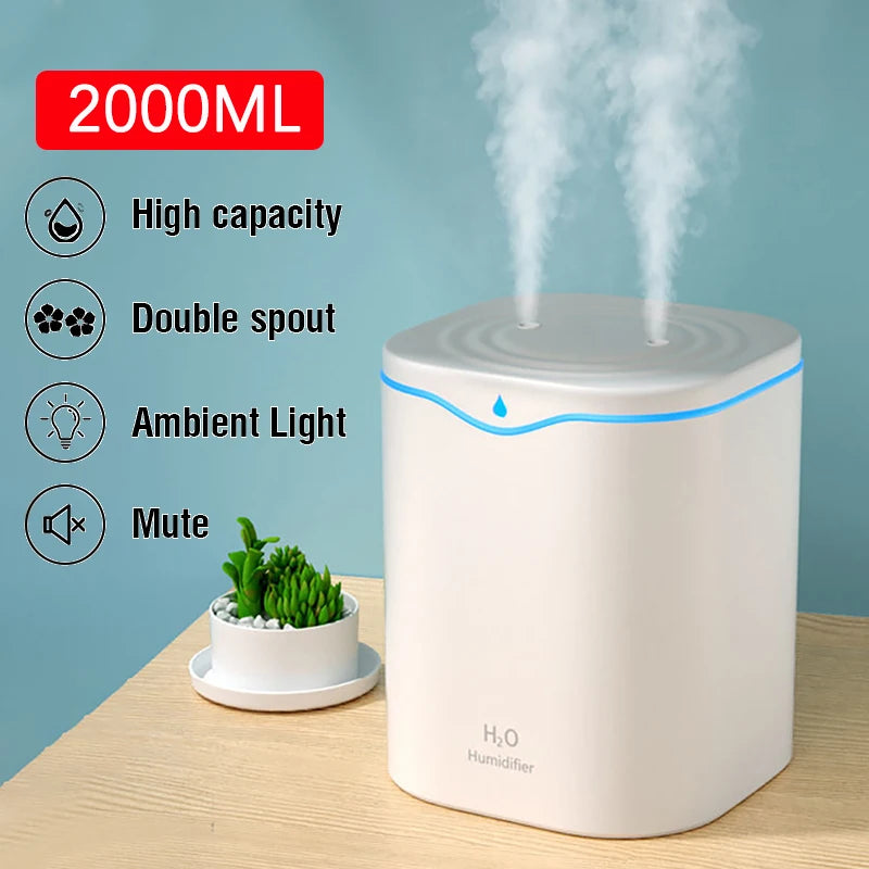 2000ML Air Humidifier USB Double Spray Port Essential Oil Aromatherapy Diffuser Cool Mist Maker Fogger for Home Office