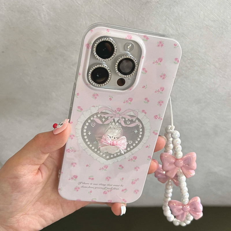 Cute 3D relif crystal cat animal cartoon bow flower bracelet imd phone case for iphone 15 14 pro max 11 12 13 promax back cover