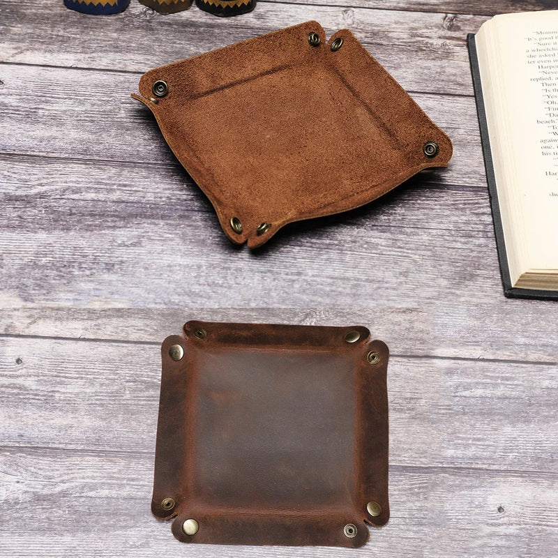 Creative Genuine Leather Valet Snap Tray Home Ofiice Desk Organizer Jewelry Pen Key Coin Desktop Storage Tray Folding Storage