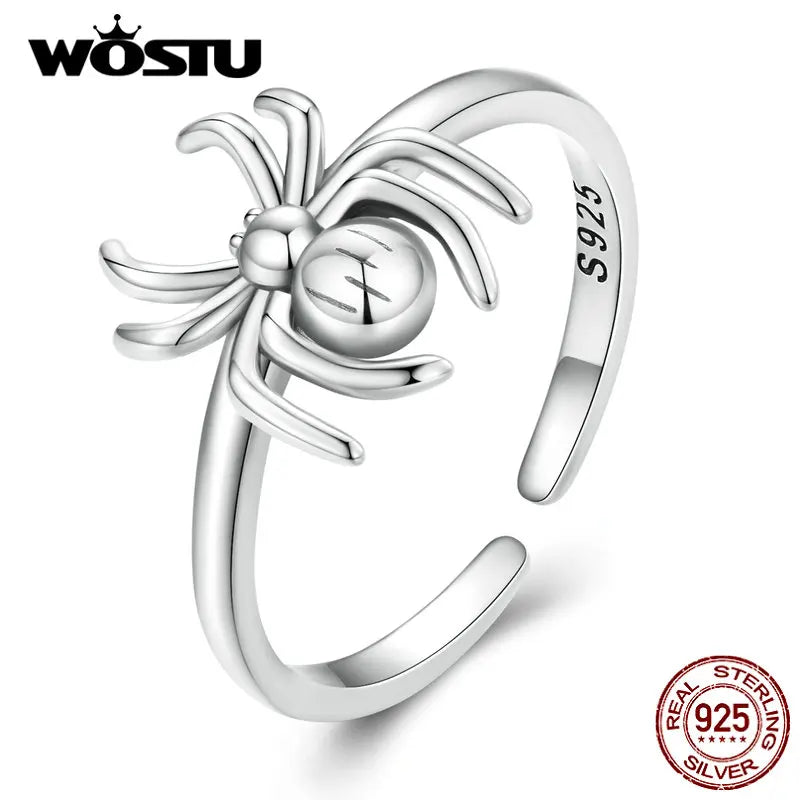 WOSTU 925 Sterling Silver Punk Spider Open Rings For Women Lovely Animal Adjustbale Ring Couple's Hip Hop Jewelry Gift CTR381