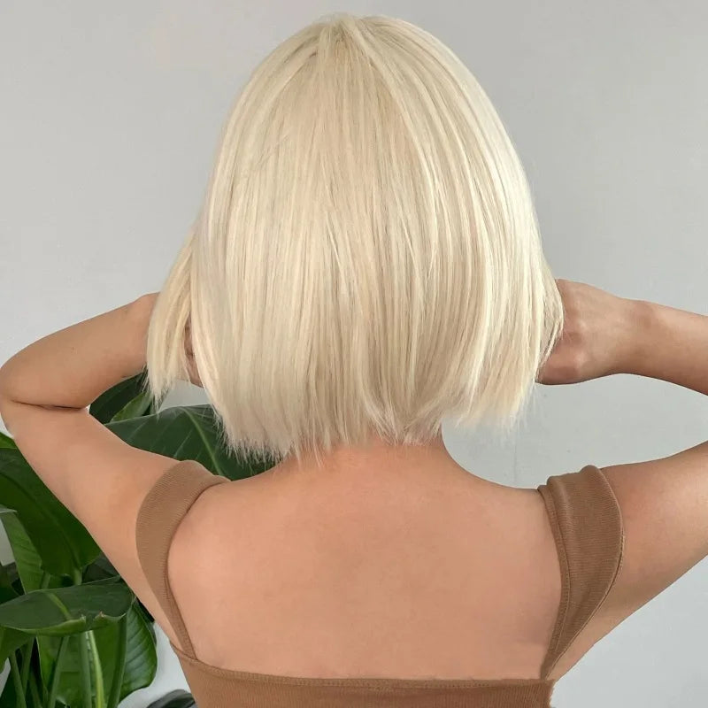 Hot sale of synthetic fiber wig female light blonde bob short straight hair tail a knife high temperature silk full head set wig