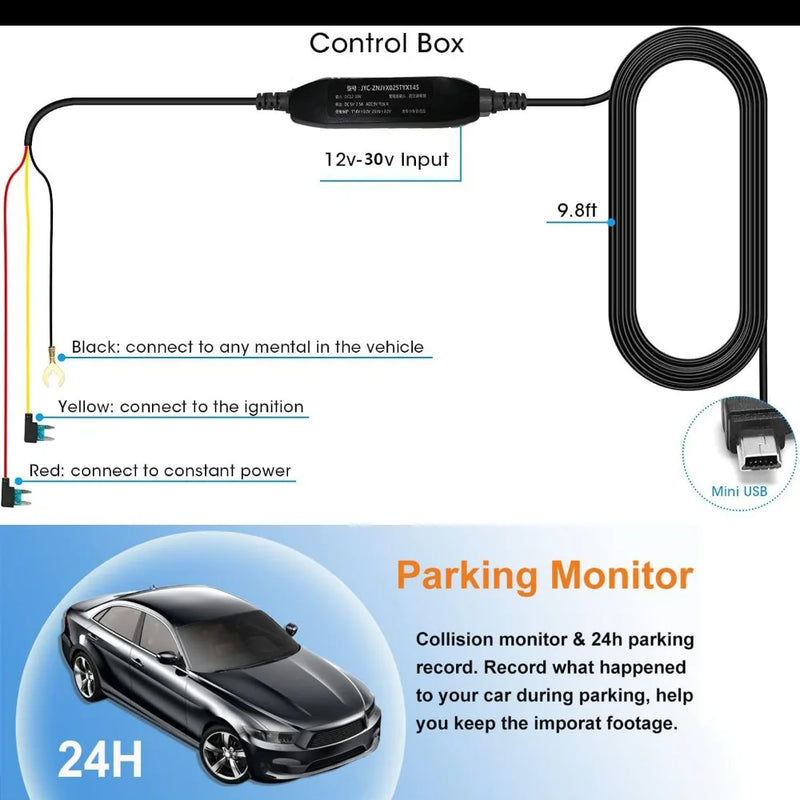 KQQ  28cm Hardwire Kit for Dash Cam Supports Parking Monitoring Power Cable Applicable Time-Lapse Video