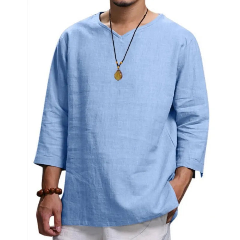 2023 New Men's V Neck Cotton Linen T Shirts Male Breathable Solid Color Long Sleeve Summer Casual Loose T-Shirt Tops