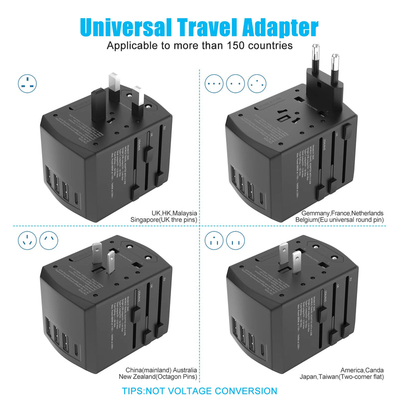 International travel adapter socket with 3x USB and 1x Type-C fast charging power adapter EU/UK/US/Australia conversion plug