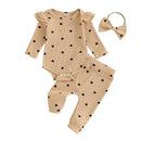 Cute Heart Print Baby Girls Clothes Set Toddler Spring Fall Outfits Long Sleeve Romper + Pants + Headband Set 3PCS Infant Suits