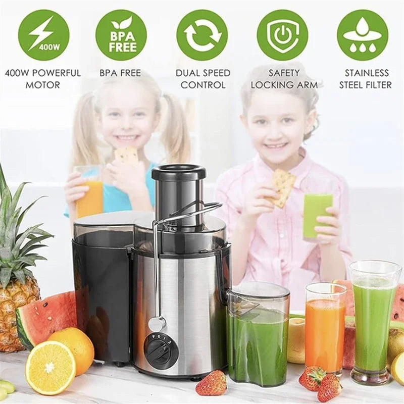 Electric Juicer 400W Stainless Steel Centrifugal Fresh Juice Machine Easy to Clean and Anti-Drip 3 Speeds Fruit Vegetable Juicer