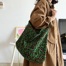 Women's Corduroy Shoulder Crossbody Bag Green Leopard Print Cloth Large Capacity Handbag Casual Travel Shopping Totes