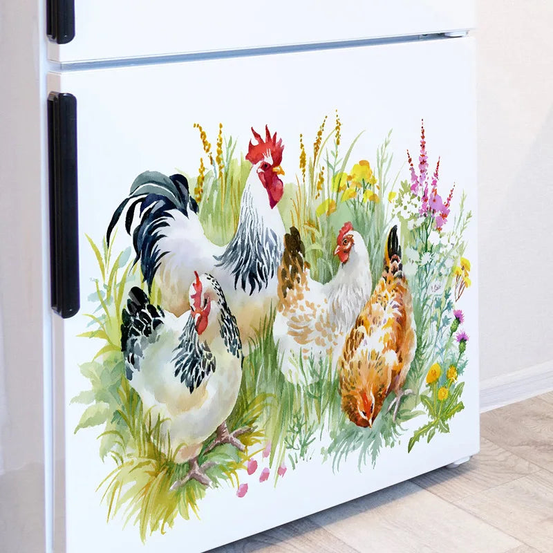 1PC Chinese Style Countryside Style Chicken Foraging In Grass Stickers, Decorative Living Room, Kitchen, Refrigerator Waterproof