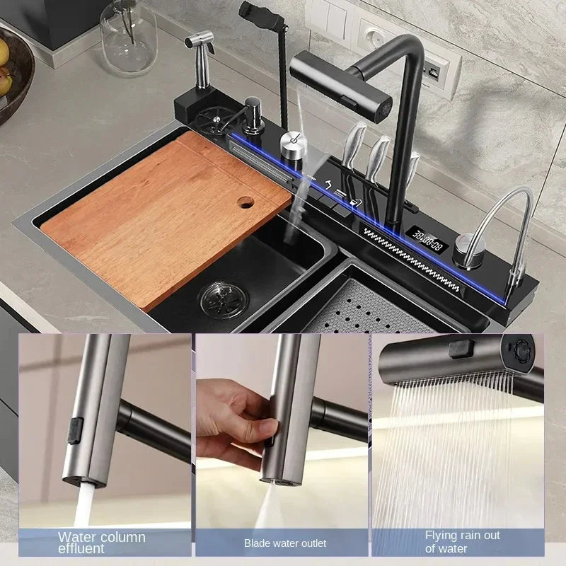 Large Single Slot Kitchen 304 Stainless Steel Waterfall Sink,  Digital Display Embossed Washing Basin Household  washing Sink