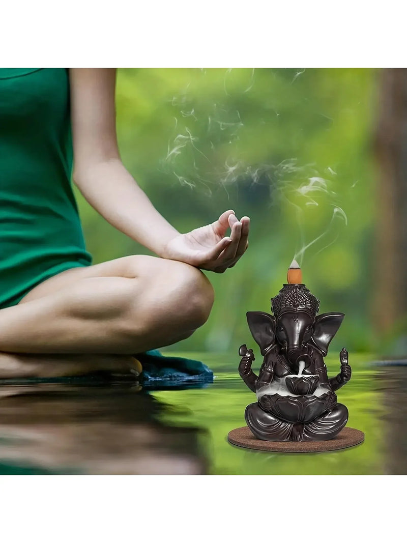 1pc Ganesha Waterfall Incense Burner, Ceramic Backflow Censer Incense Holder, Yoga Aromatherapy Elephant Ornament Home Decor