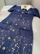 The Nocturne | Navy Lace Patchwork Retro Midi Dress