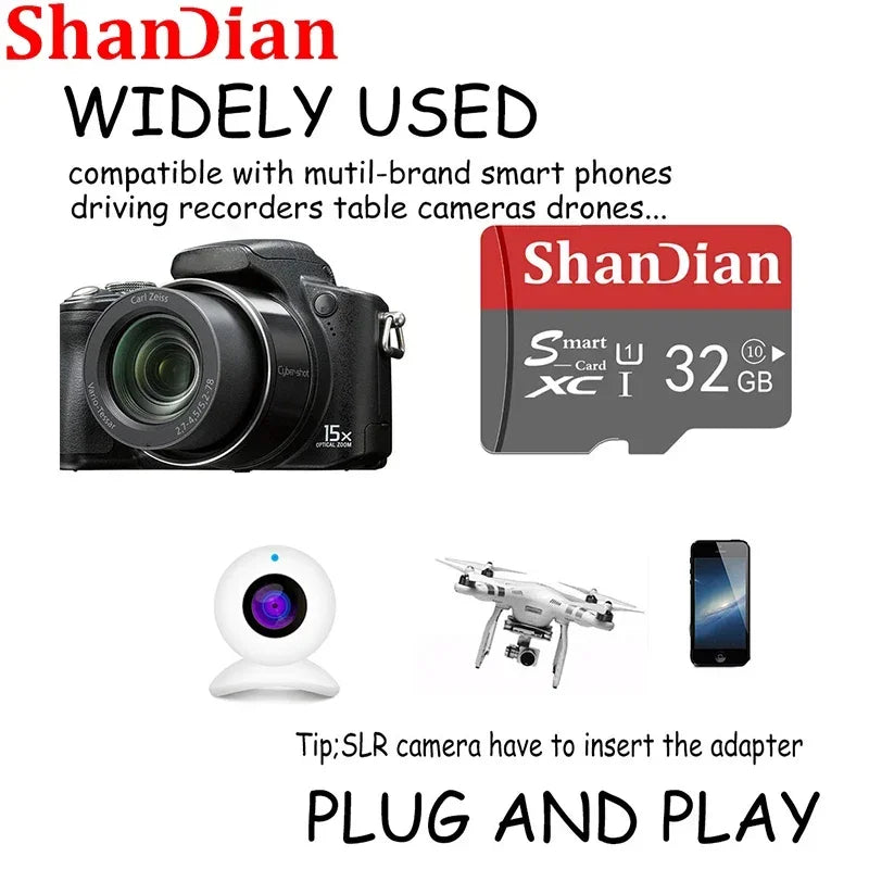 SHANDIAN Smart SD Card 32GB High Speed Class 10 8GB 16GB 32GB Free Card Reader 64GB Mini SD Memory Card TF Card for Smartphone