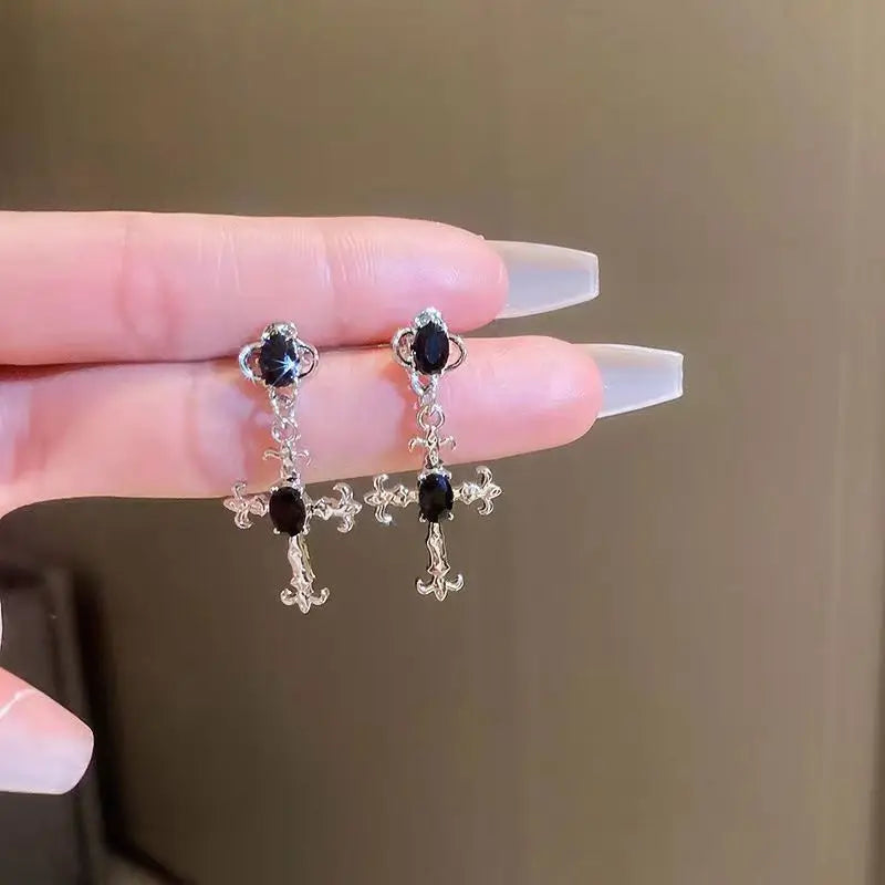 Gothic Cross Black Drill Drop Earrings Women Punk Halloween Jewellery Creativity Fashion Gorgeous Statement Jewelry Girl Gifts