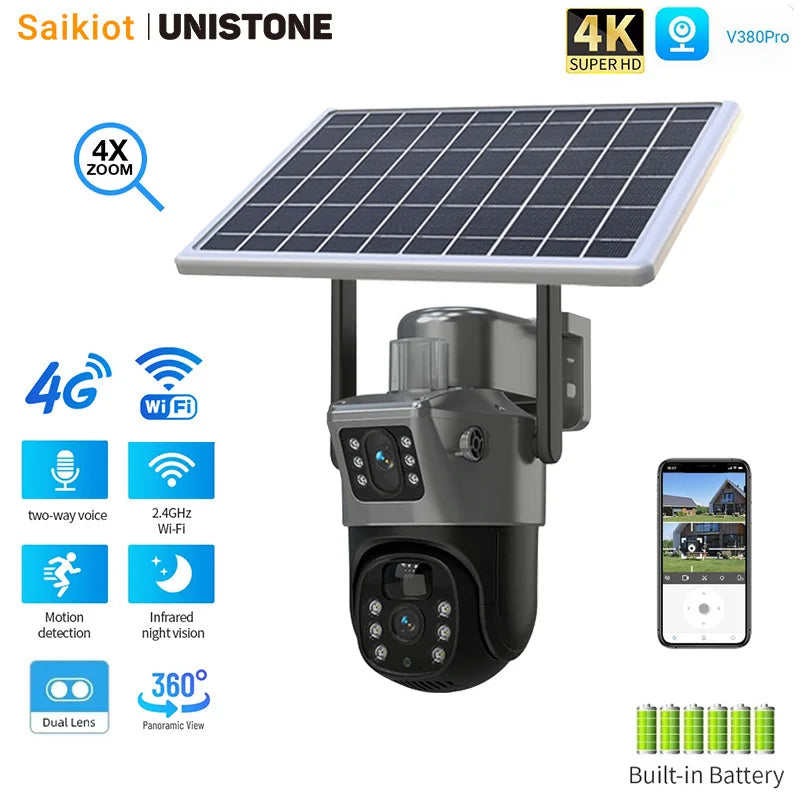 Saikiot V380 Pro 4K 8MP 4G SIM Card WIFI Solar Powered Battery Camera Dual Lens PTZ Camera Outdoor Waterproof V380 Solar Camera