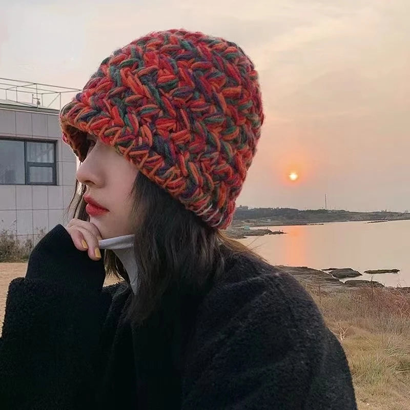 2024 New Korean-Japanese Hand Buckle Crochet Bucket Hat Spring and Autumn Winter Sun Hat Female Cherry Designer Bob Basin Hat