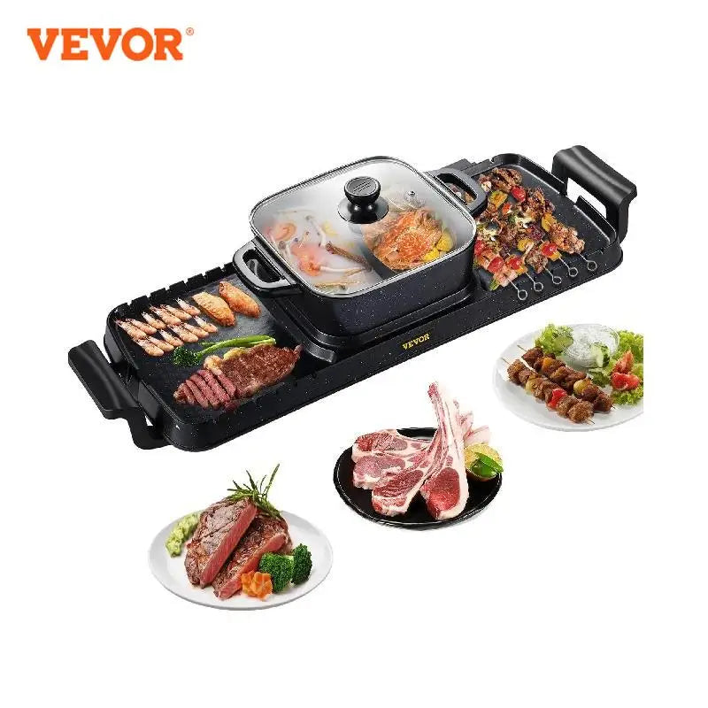 VEVOR 2 in 1 Electric Grill and Hot Pot 2400W BBQ Pan Grill and Hot Pot Multifunctional Teppanyaki Grill Pot Dual Temp Control