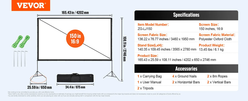 VEVOR Projector Screen with Stand 100 120 150 inch 16:9 4K 1080 HD Portable Projection Screen for Home Office Theater Cinema