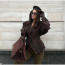 Women Fashion V-neck Lapel Belt Leather Jacket Chic Lace Up High Waist Full Sleeve Overcoat 2025 Lady Autumn High Street Outwear