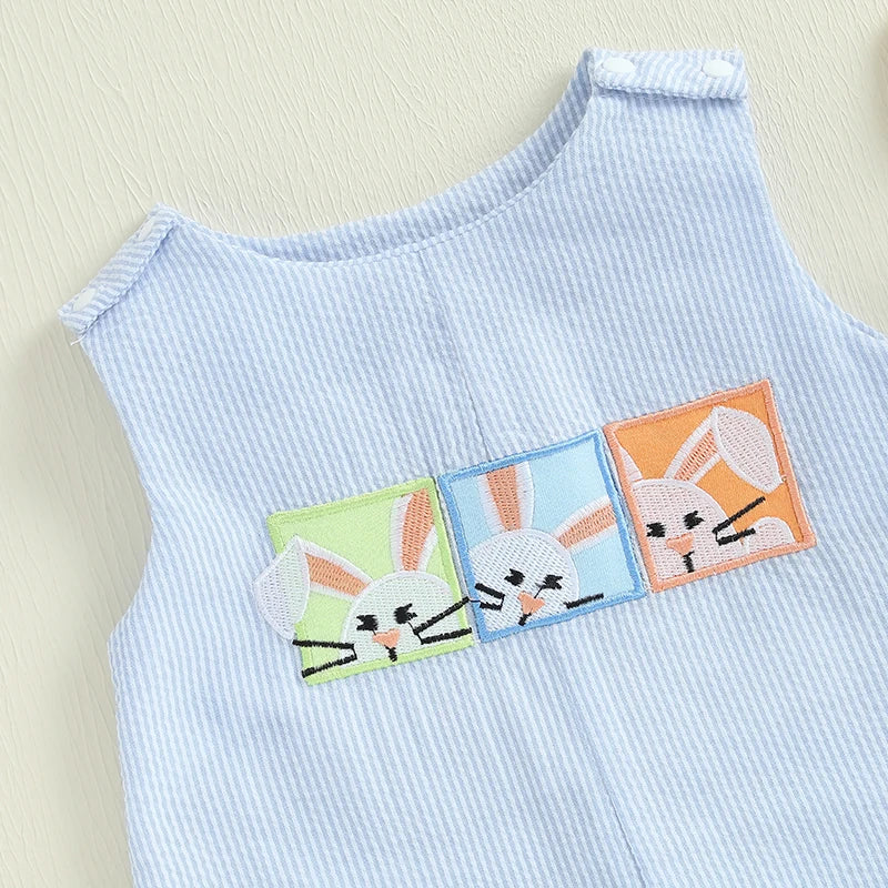 Easter Bunny Embroidered Sleeveless Rompers for Baby Boys and Girls - Adorable Striped Summer Bodysuits and Jumpsuits