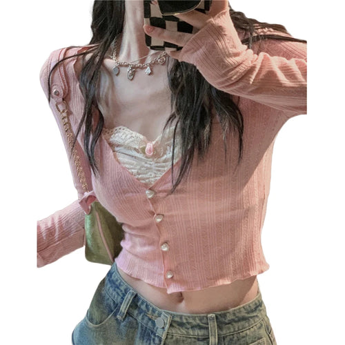 Lamuusaa y2k Crop Top Sweet Aesthetic Clothes Women Lace Patchwork Long Sleeve T Shirt with Bow Decor 2000s Clothing Streetwear