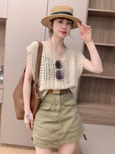 Cotton Crochet Tops Sexy Knitted Hollow Out Sleeveless T-Shirts Loose Female Women Clothing 2023 Summer New Vintage Tees Femme