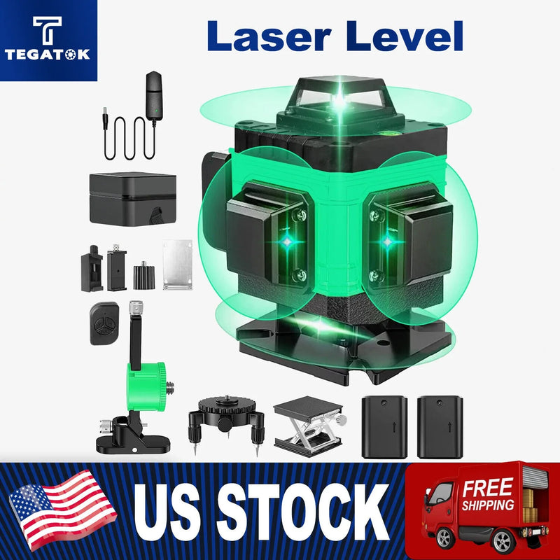 Tegatok16 Lines 4D Professional Laser Level Horizontal Vertical Green Laser Automatic 360°Self-Leveling Laser Building Tools