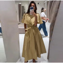 Women Trench Style Midi Dress Stand Collar Cape Overlay Short Sleeve Belted Waist A‑Line Dresses Autumn Elegant Office Outfits
