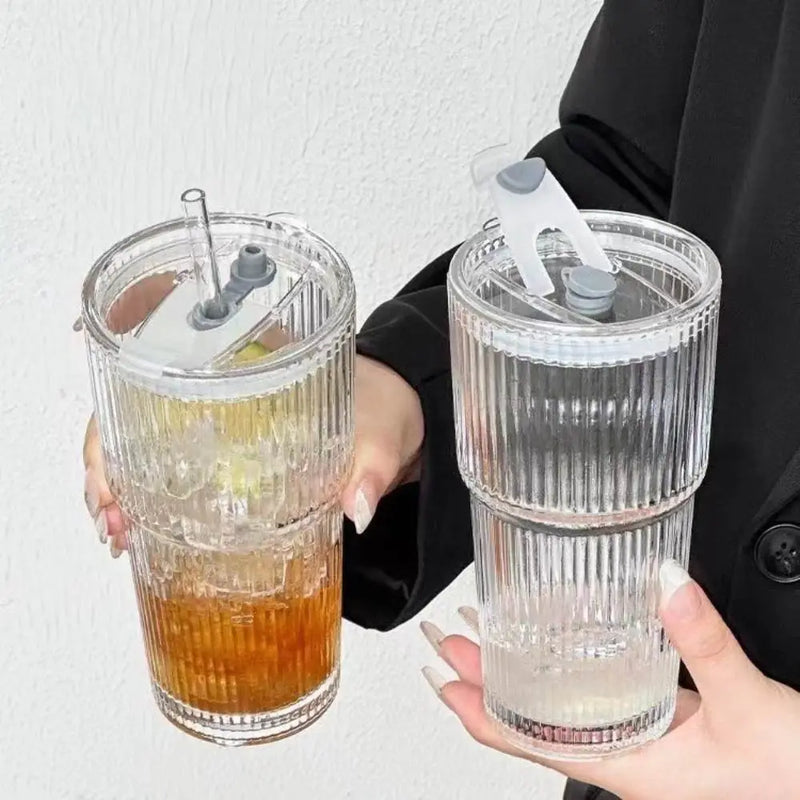 600ML Stripe Glass Coffee Cup with Straw Lid For Milk Tea Juice Breakfast Mugs Drinkware Travel Drinking Water Bottle Home Bar