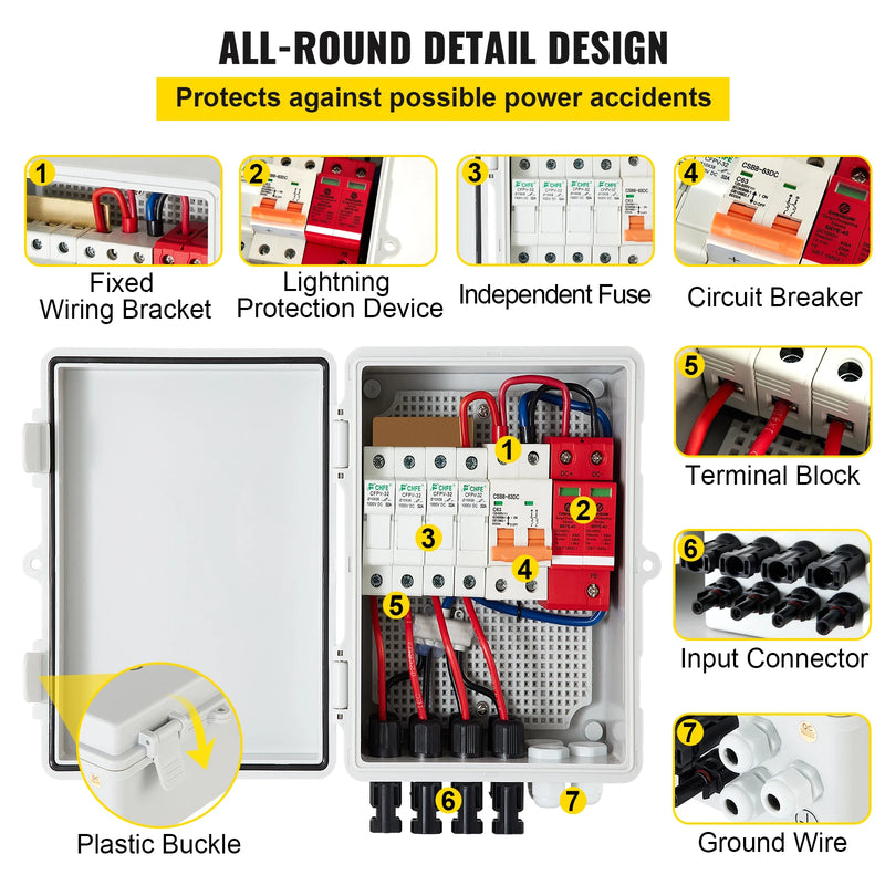 VEVOR PV Combiner Box 4 String 6 String IP65 Waterproof Lightning Protection Circuit Breaker for On/Off Grid Solar Panel System